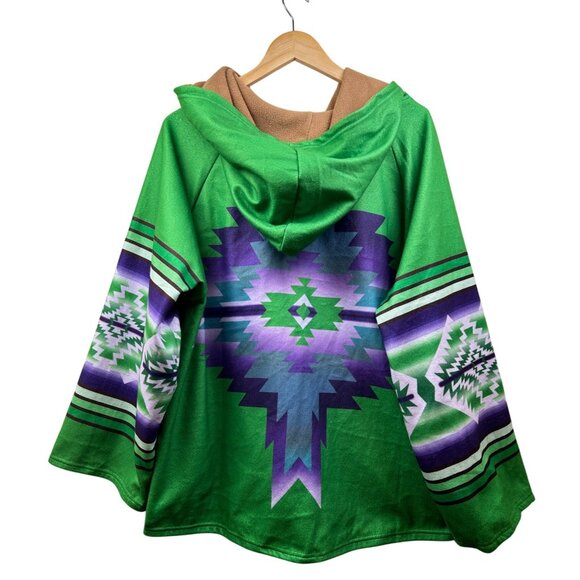 Southwestern Aztec Hooded Coat Womens Sz 6 Green Purple Blanket Jacket Oversized - Picture 7 of 9